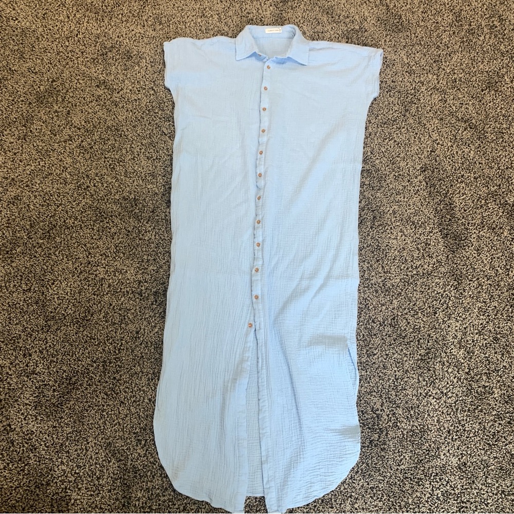Current Terra Button Down Collared Long Dress  100% Cotton Light Blue Sz small